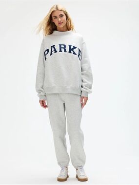 NWT Parke Fleece Women's OG Varsity Mockneck in Classic Grey with Denim Letters